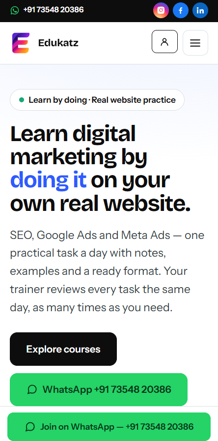 Edukatz website on mobile — practical digital marketing courses
