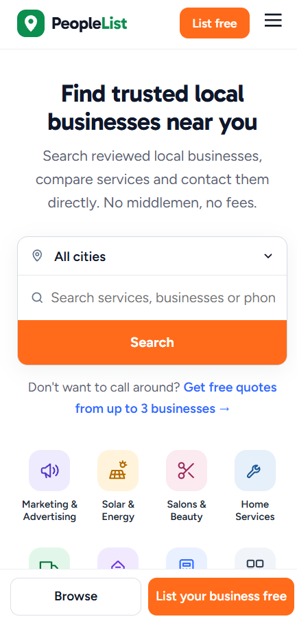 PeopleList website on mobile — local business directory